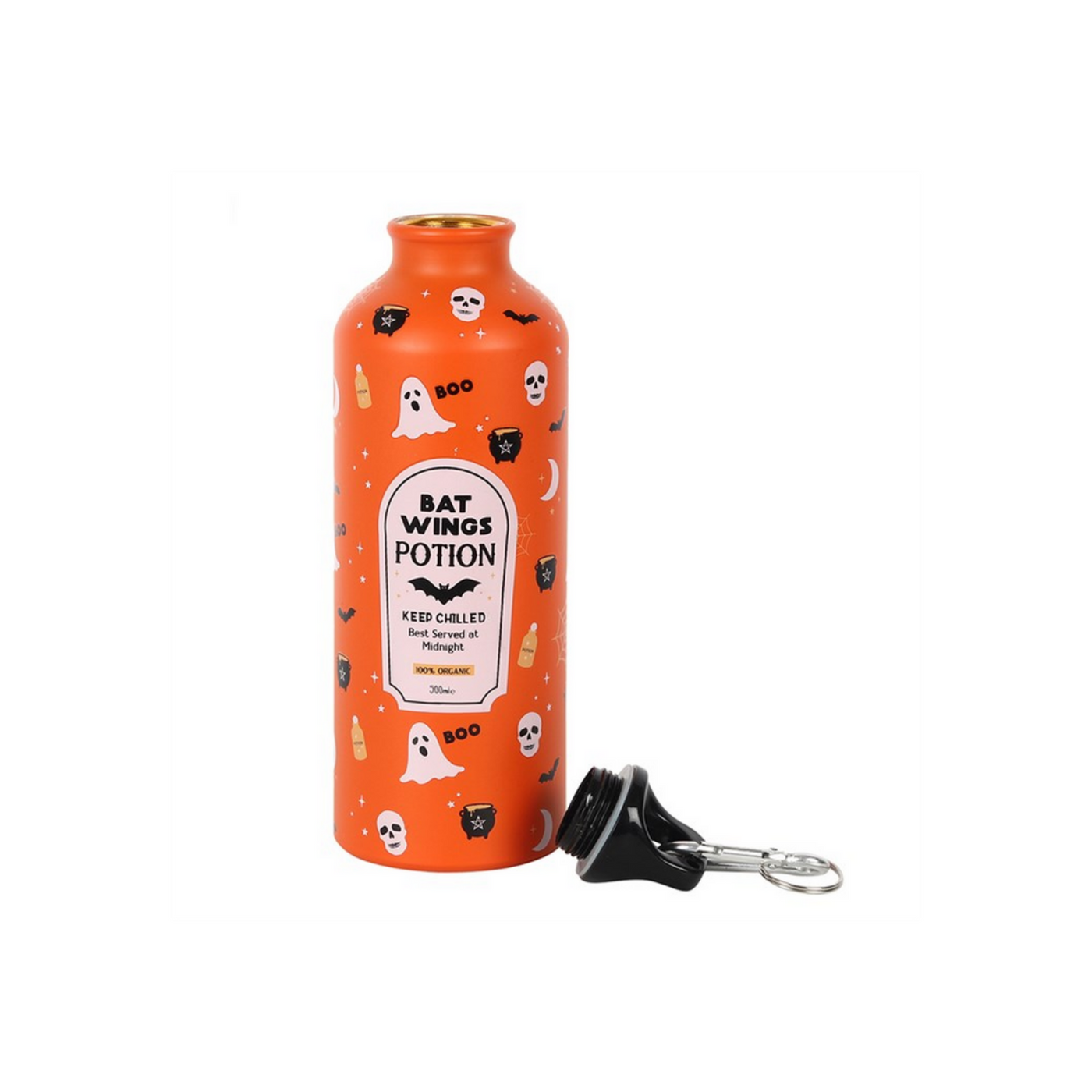 Bat Wings Potion Metal Orange Halloween Water Bottle. With Ghost And Bats Print.