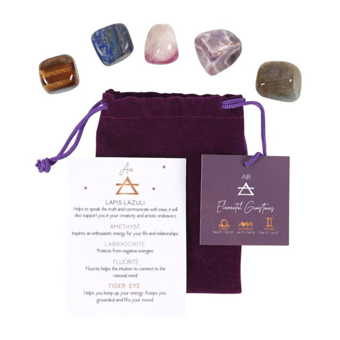 Air Element Tumble Gemstone Set In Purple Velvet Gift Pouch.
