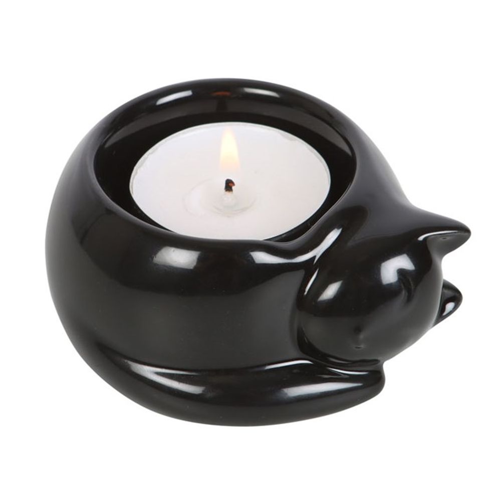 Black Curled Cat Ceramic Tealight Candle Holder.