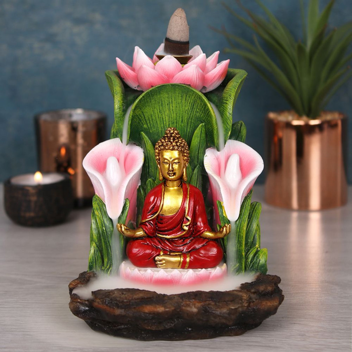 Colourful Buddha And Lotus Flower Backflow Incense Cones Burner.
