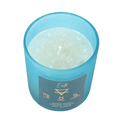 Earth Element Sandalwood Fragranced Candle In The Glass Jar With White Quartz Crystal Chips.
