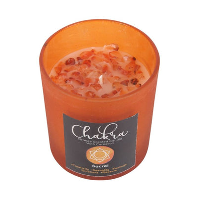 Sacral Chakra Fragranced Orange Carnelian Gemstone Candle In Glass Jar.