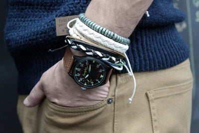 Men's Green & Natural Leather Charm Bracelet Set.