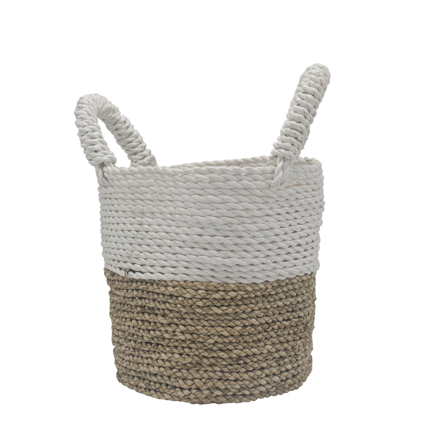 Set Of 3 Natural And White Round Seagrass Baskets.#