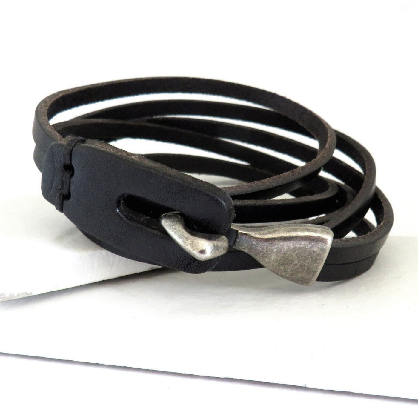 Men's Black Leather Multi Wrap Bracelet.