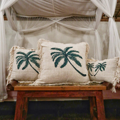 Palm Tree Exotic Fringed Linen Cushion Covers.