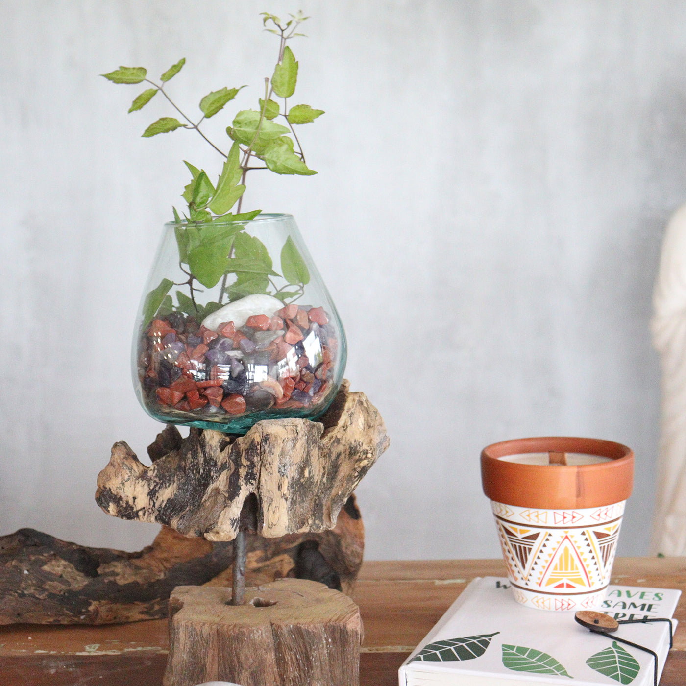 Molten Glass On Gamal Wood Handmade Decorative Medium Bowl On Stand.