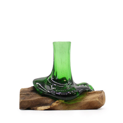 Handmade Molten Recycled Glass Small Flower Vase On Wooden Base. 