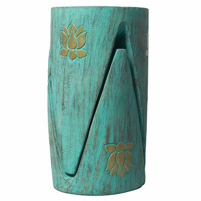Set Of Two Natural Wooden Tribal Turquoise Tables Stools With Lotus Design.