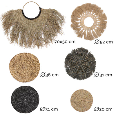 Set Of 6 Bohemian Round Natural Black Seagrass Wall Art In Natural & Smoked Black Colors .